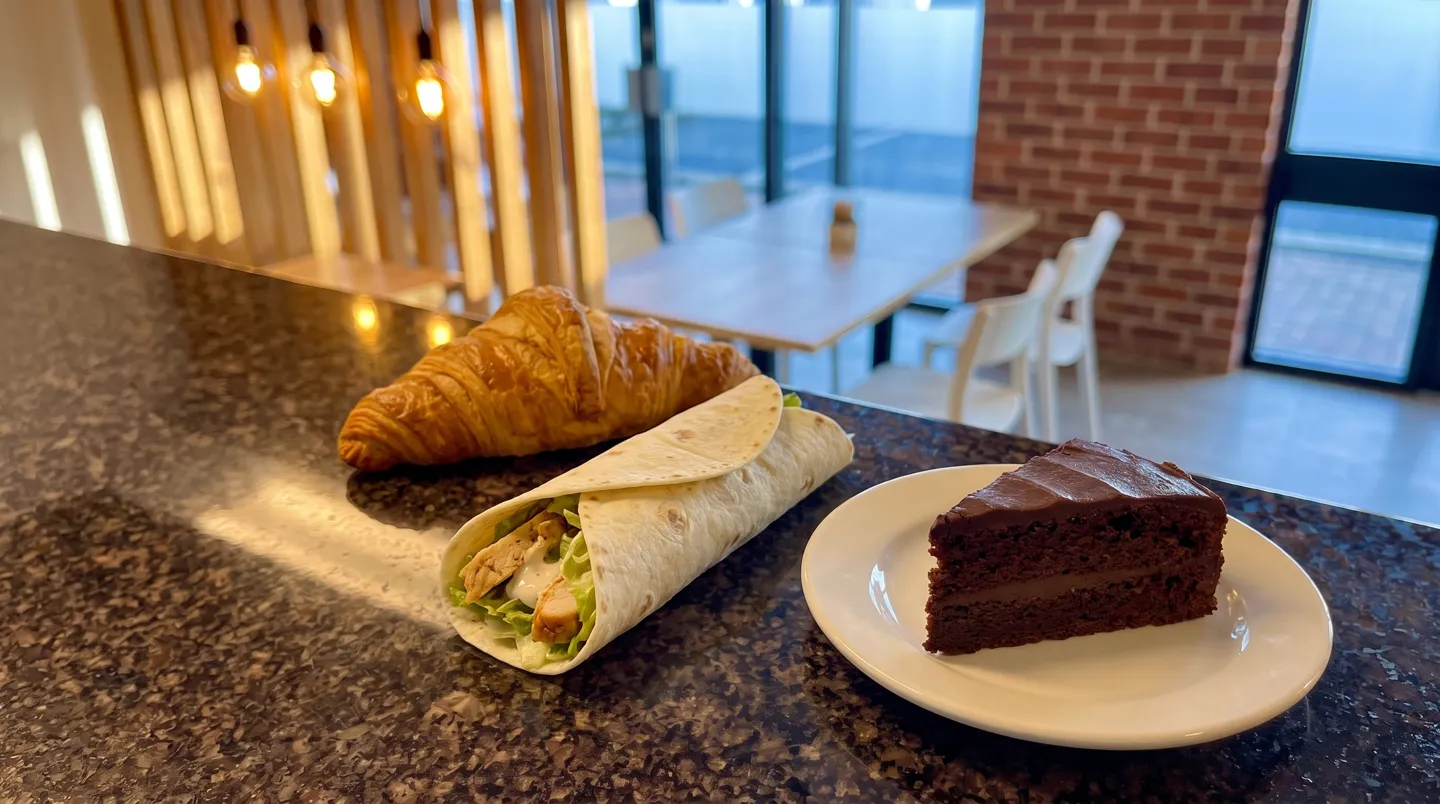 A croissant, a filled wrap cut on the diagonal, and a slice of chocolate cake on the counter.